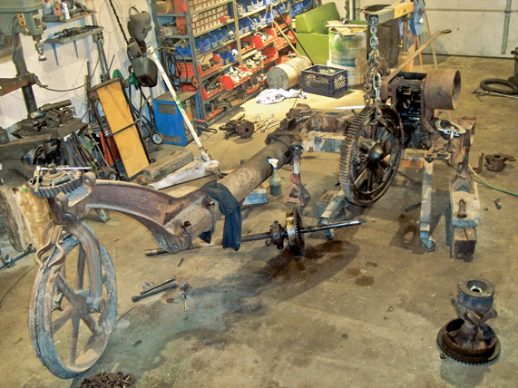 The tractor’s exhaust was ported through its frame and exited through three holes near the front wheel. “On the frame near the place where the exhaust enters, there’s actually a burn mark,” Marshal says.